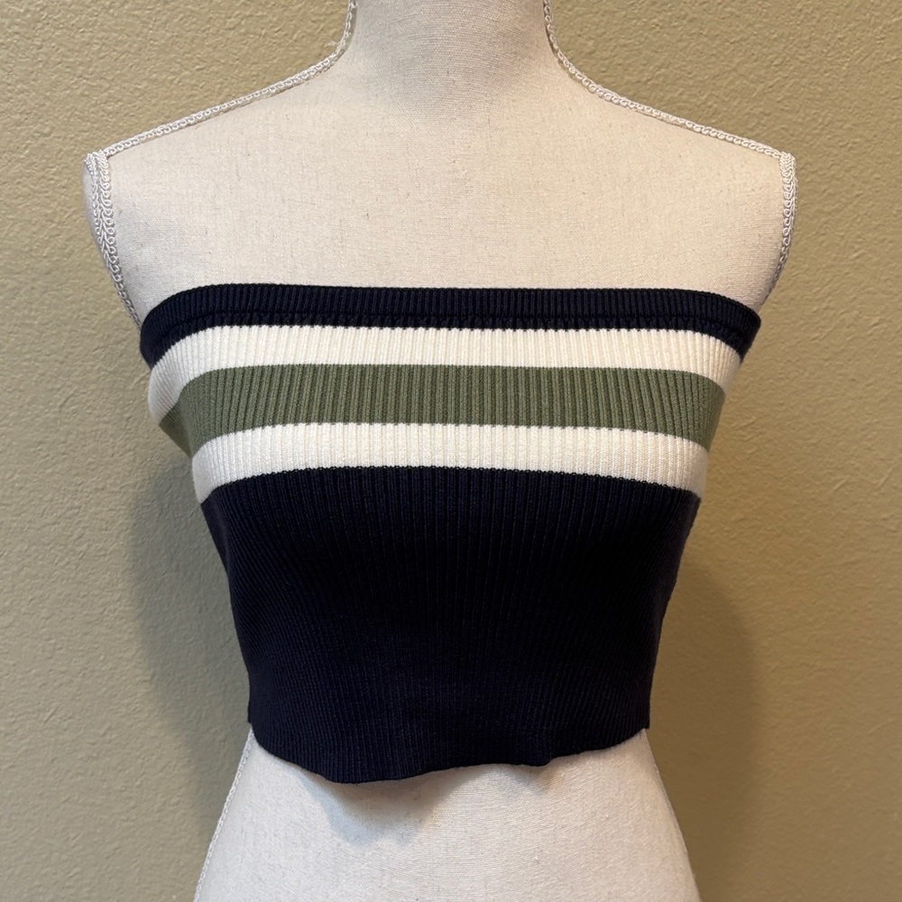 NWT Edikted Navy, Olive & Cream Striped Tube Top, Size M